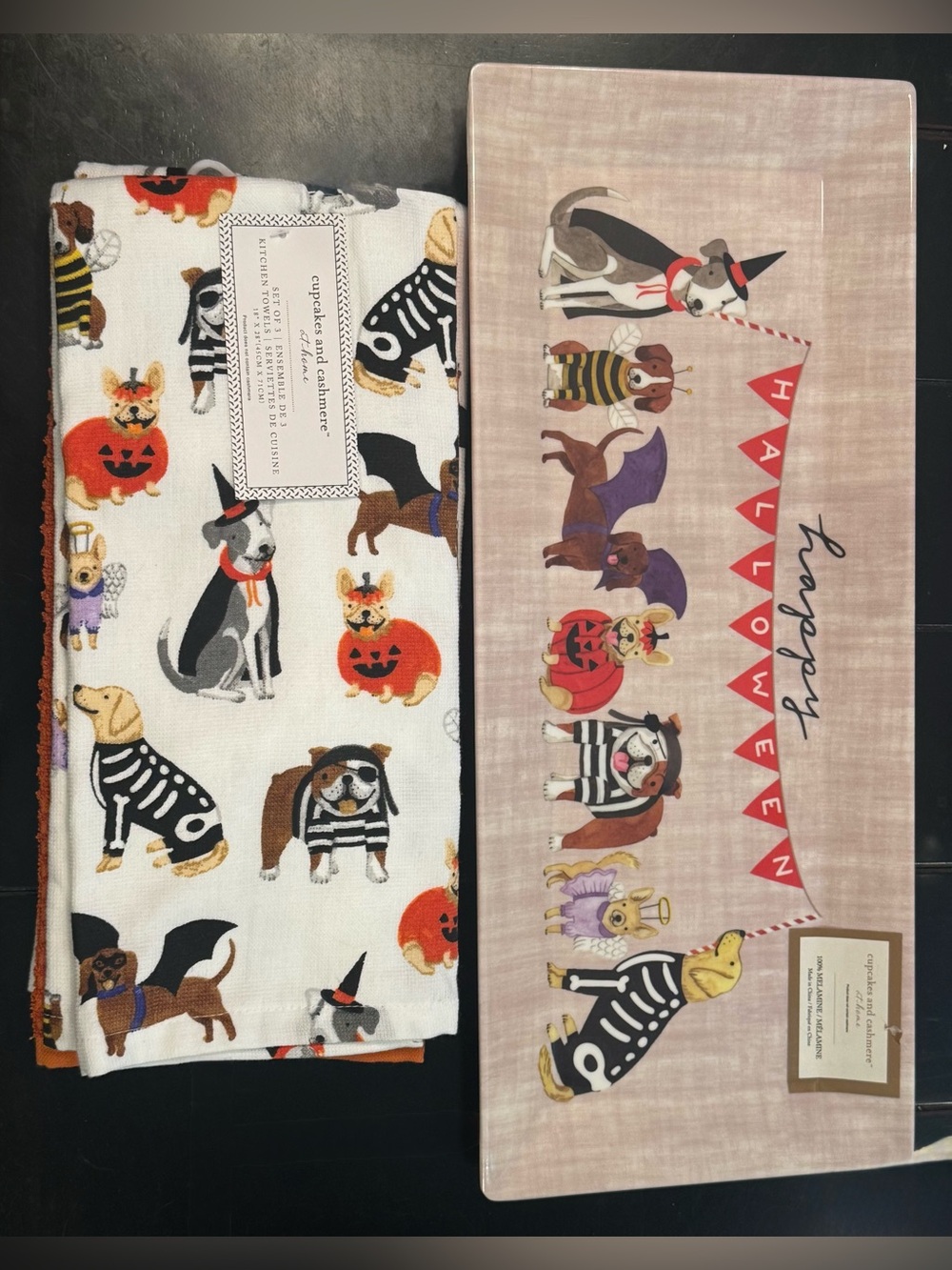 Cupcakes and Cashmere Dog Parade Halloween Platter and Kitchen Towels